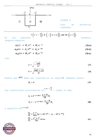 MECANICA CUANTICA (COHEN) Vol I
FIGURA 4
Pozo de potencial
cuadrado.
En las regiones tenemos,
respectivamente:
con:
Puesto que debe ser limitada en la región debemos tener:
Las condiciones coincidentes en : luego le dan:
y aquellos en
91
 
