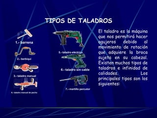 TIPOS DE TALADROS 
1.- barrena 
2.- berbiquí 
3.- taladro manual 
4.- taladro manual de pecho 
5.- taladro eléctrico 
6.- taladro sin cable 
7.- martillo percutor 
El taladro es la máquina 
que nos permitirá hacer 
agujeros debido al 
movimiento de rotación 
que adquiere la broca 
sujeta en su cabezal. 
Existen muchos tipos de 
taladros e infinidad de 
calidades. Los 
principales tipos son los 
siguientes: 
 