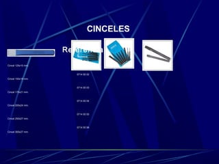 CINCELES 
Referencia 
Nombre 
0714 00 01 
Cincel 125x15 mm. 
0714 00 02 
Cincel 150x18 mm. 
0714 00 03 
Cincel 175x21 mm. 
0714 00 04 
Cincel 200x24 mm. 
0714 00 05 
Cincel 250x27 mm. 
0714 00 06 
Cincel 300x27 mm. 
 