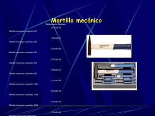 Martillo mecánico Referencia Nombre 
0705 00 02 
Martillo mecanico cuadrado 200 
0705 00 03 
Martillo mecanico cuadrado 300 
0705 00 04 
Martillo mecanico cuadrado 400 
0705 00 05 
Martillo mecanico cuadrado 500 
0705 00 07 
Martillo mecanico cuadrado 800 
0705 00 08 
Martillo mecanico cuadrado 1000 
0705 00 09 
Martillo mecanico cuadrado 1500 
0705 00 10 
Martillo mecanico cuadrado 2000 
0705 00 95 
Bandeja vacia para profi/combi 
 