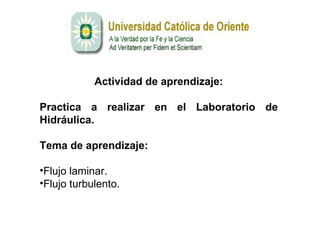 Actividad de aprendizaje: Practica a realizar en el Laboratorio de Hidráulica.  Tema de aprendizaje: Flujo laminar. Flujo turbulento. 