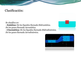Clasificación:
Se clasifica en:
- Estática: De los líquidos llamada Hidrostática.
De los gases llamada Aerostática.
- Cinemática: De los líquidos llamada Hidrodinámica.
De los gases llamada Aerodinámica.
 