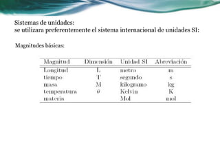 Sistemas de unidades:
se utilizara preferentemente el sistema internacional de unidades SI:
Magnitudes básicas:
 