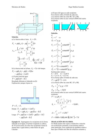 Mecánica de fluidos Hugo Medina Guzmán
19
Solución.
a) La fuerza sobre el área LbA =1 .
1111
AghF Gρ= = Lb
b
cg ⎟
⎠
⎞
⎜
⎝
⎛
+
2
ρ
( )
Lb
b
c
dyyL
Ay
dAy
y
bc
c
G
A
p
⎟
⎠
⎞
⎜
⎝
⎛
+
==
∫∫
+
2
2
11
1
2
1
=
( )[ ]
b
b
c
cbc
⎟
⎠
⎞
⎜
⎝
⎛
+
−+
2
3
1 33
=
( )[ ]
( )bbc
cbc
+
−+
23
2 33
b) La fuerza total en la base LaA =2 del tanque.
222 AghF ρ= = ( )Labcg +ρ
= ( )LabLacg +ρ
c) El peso total del agua
( )ScLabgP −= ρ
Resultado diferente al obtenido en (b)
Explicación: porque el peso es:
32 FFP −=
Donde: ( )LabLacgF += ρ2 y
333 AghF ρ= = ( )ScLagc −ρ
Luego: ( ) ( )ScLagLabLacgP −−+= ρρ
= ( )ScLabg −ρ
Ejemplo 41. Supongamos los recipientes de la forma
indicada en la figura. El primer recipiente es cúbico,
de 10 cm de arista; los otros tres recipientes tienen la
misma base e igual altura y están llenos de agua.
Calcular:
a) El peso del agua en cada recipiente.
b) La fuerza sobre el fondo de cada uno.
c) La fuerza sobre las caras BC, EF y HK.
d) La fuerza sobre la cara vertical LMNO del cuarto
recipiente.
Solución.
a)
3
1 l=V ⇒
gP aρ3
1 l=
⎟
⎠
⎞
⎜
⎝
⎛
+= º60cotan
2
1
13
2 lV ⇒
gP aρ⎟
⎠
⎞
⎜
⎝
⎛
+= º60cotan
2
1
13
2 l
⎟
⎠
⎞
⎜
⎝
⎛
−= º60cotan
2
1
13
3 lV ⇒
gP aρ⎟
⎠
⎞
⎜
⎝
⎛
−= º60cotan
2
1
13
3 l
( )º60cotan13
4 += lV ⇒
( ) gP aρº60cotan13
4 += l
Sustituyendo valores:
P1 = 10 N P2 = 12,89 N
P3 = 7,11 N P4 = 15,77 N
b) La fuerza sobre el fondo de cada uno.
( )2
llgF ρ= = 10 N
c) La fuerza sobre las caras BC, EF y HK.
NgF aBC 5
2
1 3
== ρl
NFF HKBF 8,5==
d) La fuerza sobre la cara vertical LMNO del cuarto
recipiente.
AghF caρ=
( )
2
2
2
2
3
2323
2
l
l
l
lll
+
+⎟⎟
⎠
⎞
⎜⎜
⎝
⎛
=ch = l44,0 ,
22
2
58,1
3
ll
l
=+=A
( )( ) NF 758,144,08,91000 2
=×= ll
TRASLACIÓN DE FLUIDOS.
Un fluido puede estar sujeto a traslación o rotación
con aceleración constante si movimiento relativo
entre partículas. Esta condición de equilibrio relativo
hace que el fluido este libre de esfuerzos cortantes y
 