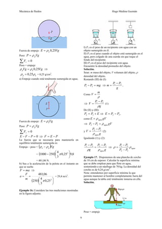 Mecánica de fluidos Hugo Medina Guzmán
9
Fuerza de empuje: VgE a 25,0ρ=
Peso: VgP pρ=
0=∑ vF
Peso = empuje
VgVg ap 25,0ρρ = ⇒
ap ρρ 25,0= = 0,25 g/cm3
.
a) Empuje cuando está totalmente sumergida en agua;
Fuerza de empuje: VgE aρ=
Peso: VgP pρ=
0=∑ vF
0=−− PFE ⇒ PEF −=
La fuerza que se necesaria para mantenerla en
equilibrio totalmente sumergida es:
Empuje – peso = ( )Vgpa ρρ −
= ( ) 8,925,0
3
4
2501000 3
⎟
⎠
⎞
⎜
⎝
⎛
− π
= 481,06 N.
b) Sea a la aceleración de la pelota en el instante en
que se suelte
maF = ⇒
( ) ⎟
⎠
⎞
⎜
⎝
⎛
==
3
25,0
3
4
250
06,481
π
m
F
a = 29,4 m/s2
.
Ejemplo 16. Considere las tres mediciones mostradas
en la figura adjunta:
I) P1 es el peso de un recipiente con agua con un
objeto sumergido en él.
II) P2 es el peso cuando el objeto está sumergido en el
agua, pero colgado de una cuerda sin que toque el
fondo del recipiente.
III) P3 es el peso del recipiente con agua.
Encuentre la densidad promedio del objeto.
Solución.
Sean: m masa del objeto, V volumen del objeto, ρ
densidad del objeto.
Restando (III) de (I):
mgPP =− 31 ⇒
g
PP
m 31 −
= ,
Como
ρ
m
V =
⇒
g
PP
V
ρ
31 −
= (1)
De (II) y (III):
EPP += 32 ⇒ 32 PPE −= ,
como gVE aguaρ=
⇒ gVPP aguaρ=− 32
y
g
PP
V
aguaρ
32 −
= (2)
Igualando (1) y (2):
g
PP
g
PP
aguaρρ
3231 −
=
−
⇒ agua
PP
PP
ρρ
32
31
−
−
=
Ejemplo 17. Disponemos de una plancha de corcho
de 10 cm de espesor. Calcular la superficie mínima
que se debe emplear para que flote en agua,
sosteniendo a un náufrago de 70 kg. La densidad del
corcho es de 0,24 g/cm3
.
Nota: entendemos por superficie mínima la que
permite mantener al hombre completamente fuera del
agua aunque la tabla esté totalmente inmersa en ella.
Solución.
Peso = empuje
 