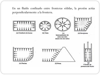 En un fluido confinado entre fronteras sólidas, la presión actúa
perpendicularmente a la frontera.
 