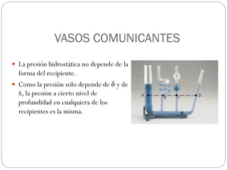 VASOS COMUNICANTES
 La presión hidrostática no depende de la
forma del recipiente.
 Como la presión solo depende de d y de
h, la presión a cierto nivel de
profundidad en cualquiera de los
recipientes es la misma.
24
 