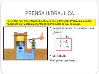 PRENSA HIDRAULICA
 Las presiones en los 2 émbolos son
iguales:
P1 = P2
F1 = F2
A1 A2
 UTILIDAD:
Multiplicar una Fuerza.
31
La ventaja que presentan los líquidos es que al transmitir Presiones, pueden
multiplicar las Fuerzas aumentando el área sobre la cuál se ejerce.
 