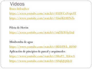 Videos
Brazo hidraulico
https://www.youtube.com/watch?v=FHWCoNvpvSY
https://www.youtube.com/watch?v=UmSKDI0NsSs
Pileta de Herón
https://www.youtube.com/watch?v=mjYKW8yUzjI
Minibomba de agua
https://www.youtube.com/watch?v=BDDlWk_RHS0
Aplicación de pincipios de pascal y arquimedes
https://www.youtube.com/watch?v=MtzP2_3UrwA
https://www.youtube.com/watch?v=SNijhJQ6lyU
 