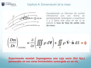 Capítulo 4: Conservación de la masa
Considerando un Volumen de control
infinitesimal con con forma de
paralelepípedo rectangular y superficies
1 y 2 (para este caso en eje x) se
calcula la tasa de flujo de salida neta
de masa.
Experimento mental: Supongamos una caja vacía (Vol fijo.)
permeable en sus caras horizontales sumergida en un rio.
 
