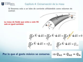 Capítulo 4: Conservación de la masa
La masa de fluido que entra a este VC
sale en igual cantidad.
Si llevamos esto a un tubo de corriente utilizándolo como volumen de
control:
Por lo que el gasto másico se conserva
 