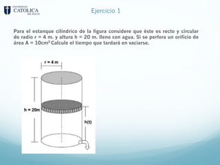 Ejercicio 1
Para el estanque cilíndrico de la figura considere que éste es recto y circular
de radio r = 4 m. y altura h = 20 m. lleno con agua. Si se perfora un orificio de
área A = 10cm2 Calcule el tiempo que tardará en vaciarse.
 