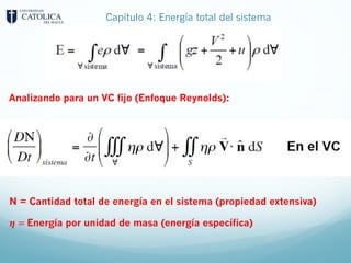 Capítulo 4: Energía total del sistema
Analizando para un VC fijo (Enfoque Reynolds):
N = Cantidad total de energía en el sistema (propiedad extensiva)
𝜼 = Energía por unidad de masa (energía específica)
 
