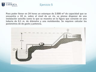 Ejercicio 5
Para poder llenar en 24 horas un estanque de 2.000 m3 de capacidad que se
encuentra a 10 m. sobre el nivel de un río, se piensa disponer de una
instalación sencilla como la que se muestra en la figura que consiste en una
tubería de 0,1 m. de diámetro y una motobomba. Se requiere calcular los
parámetros de de gasto y potencia.
 