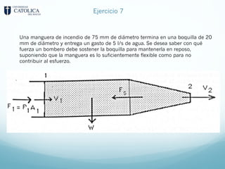 Una manguera de incendio de 75 mm de diámetro termina en una boquilla de 20
mm de diámetro y entrega un gasto de 5 l/s de agua. Se desea saber con qué
fuerza un bombero debe sostener la boquilla para mantenerla en reposo,
suponiendo que la manguera es lo suficientemente flexible como para no
contribuir al esfuerzo.
Ejercicio 7
 