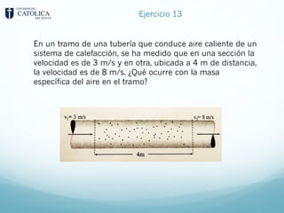 Ejercicio 13
En un tramo de una tubería que conduce aire caliente de un
sistema de calefacción, se ha medido que en una sección la
velocidad es de 3 m/s y en otra, ubicada a 4 m de distancia,
la velocidad es de 8 m/s. ¿Qué ocurre con la masa
específica del aire en el tramo?
 