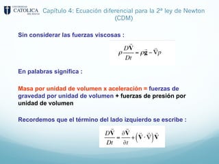 Capítulo 4: Ecuación diferencial para la 2ª ley de Newton
(CDM)
Sin considerar las fuerzas viscosas :
En palabras significa :
Masa por unidad de volumen x aceleración = fuerzas de
gravedad por unidad de volumen + fuerzas de presión por
unidad de volumen
Recordemos que el término del lado izquierdo se escribe :
 