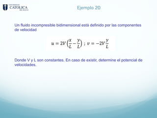 Ejemplo 20
Un fluido incompresible bidimensional está definido por las componentes
de velocidad
Donde V y L son constantes. En caso de existir, determine el potencial de
velocidades.
 