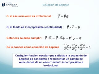 Ecuación de Laplace
Si el escurrimiento es irrotacional :
Si el fluido es incompresible (continuidad) :
Entonces se debe cumplir :
Se le conoce como ecuación de Laplace
Cualquier función escalar que satisfaga la ecuación de
Laplace es candidato a representar un campo de
velocidades de un escurrimiento incompresible e
irrotacional
𝑉 = 𝛻𝜙
𝛻 5 𝑉 = 0
𝛻 5 𝑉 = 𝛻 5 𝛻𝜙 = 𝛻9𝜙 = 0
𝜕,𝜙
𝜕,𝑥
+
𝜕,𝜙
𝜕,𝑦
+
𝜕,𝜙
𝜕,𝑧
= 0
 