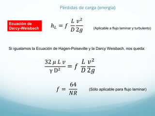ℎF = 𝑓
𝐿
𝐷
𝑣;
2𝑔
Ecuación de
Darcy-Weisbach (Aplicable a flujo laminar y turbulento)
Si igualamos la Ecuación de Hagen-Poiseville y la Darcy Weisbach, nos queda:
32 𝜇 𝐿 𝑣
γ D;
= 𝑓
𝐿
𝐷
𝑣!
2𝑔
𝑓 =
64
𝑁𝑅
(Sólo aplicable para flujo laminar)
Pérdidas de carga (energía)
 