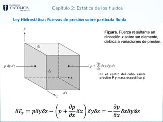 Capítulo 2: Estática de los fluidos
Ley Hidrostática: Fuerzas de presión sobre partícula fluida
En el centro del cubo existe
presión P y masa específica
 