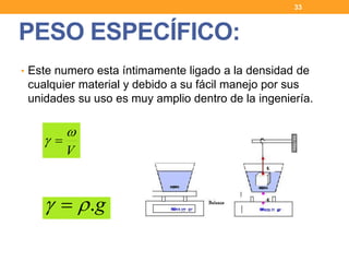 PESO ESPECÍFICO:
33
• Este numero esta íntimamente ligado a la densidad de
cualquier material y debido a su fácil manejo por sus
unidades su uso es muy amplio dentro de la ingeniería.
V

 
g. 
 