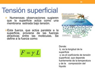  Numerosas observaciones sugieren
que la superficie actúa como una
membrana estirada bajo tensión.
Esta fuerza, que actúa paralela a la
superficie, proviene de las fuerzas
atractivas entre las moléculas. Se
define a la fuerza como:
Tensión superficial
36
LF 
Donde:
L :es la longitud de la
superficie
: es el coeficiente de tensión
superficial, que depende
fuertemente de la temperatura
y de la composición del
líquido
 