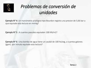 Tema 1
Problemas de conversión de
unidades
Ejemplo N° 4: Un manómetro analógico tipo Bourdon registra una presion de 5,66 bar a
que equivale esta lectura en mmHg?
Ejemplo N° 5 : A cuantos pascales equivalen 100 KN/m2?
Ejemplo N° 6 : Una bomba de agua tiene un caudal de 100 lts/seg, a cuantos galones
(gpm) por minuto equivale esta lectura?
 