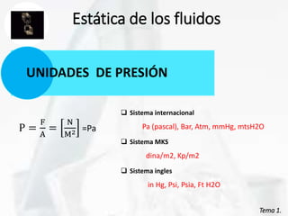 Tema 1.
Estática de los fluidos
UNIDADES DE PRESIÓN
P =
F
A
=
N
M2 =Pa
 Sistema internacional
Pa (pascal), Bar, Atm, mmHg, mtsH2O
 Sistema MKS
dina/m2, Kp/m2
 Sistema ingles
in Hg, Psi, Psia, Ft H2O
 