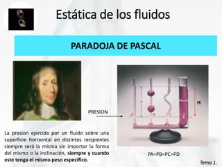 Tema 1.
Estática de los fluidos
PARADOJA DE PASCAL
PRESION
La presion ejercida por un fluido sobre una
superficie horizontal en distintos recipientes
siempre será la misma sin importar la forma
del mismo o la inclinación, siempre y cuando
este tenga el mismo peso especifico.
H
PA=PB=PC=PD
 