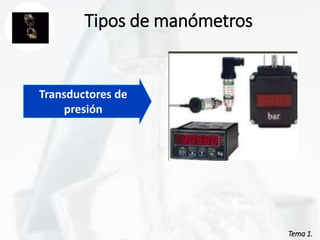 Tema 1.
Tema 1.
Tipos de manómetros
Transductores de
presión
 