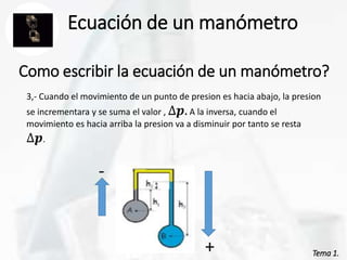 Tema 1.
Tema 1.
Ecuación de un manómetro
Como escribir la ecuación de un manómetro?
-
+
3,- Cuando el movimiento de un punto de presion es hacia abajo, la presion
se incrementara y se suma el valor , ∆𝒑. A la inversa, cuando el
movimiento es hacia arriba la presion va a disminuir por tanto se resta
∆𝒑.
 