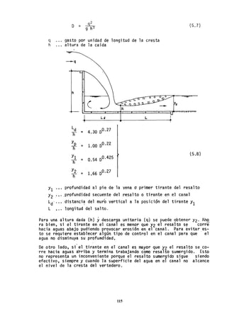 (5.7)
q gasto por unidad de longitud de la cresta
h altura de la caída
-q
h
,
(
...... ,. 0.- ...•
Ld L
Ld
TI = 4.30 0°·27
~
h
= 1.00 0°·22
Yl
= 0.54 0°·425
11
(5,8)
Y2
= 1 66 0°·27
11 o .
Yl .,. profundidad al pie de la vena a primer tiTante del resalto
Y2'.' ,profundidad secuente del resalto o, tirante en el canal
Ld' ." distanci~ del muro vertical a la posición del tirante Yl
L O" longitud del salto.
Para una altura dada (h) y descarga unitaria (q) se puede obtener Y2' Ah.Q.
ra bien, si el tirante en el canal es menor que Y2 el resalto s~ corre
hacia aguas abajo pudiendo provocar erosión en el canal. Para evitar es-
to se requiere establecer algan tipo de control en el canal para que el
agua no d-i smi nuya su profuftdi dad o
De otro lado, si el tirante en el canal es mayor que Y2 el resalto se co-
rre haci-a aguas arr-iba y termina trabajando como resalto sumergido. Esto
no representa un inconveniente porque el resalto sumergido sigue, siendo
efectivo, siempre y cuando la superficie del agua en el canal no alcance
el nivel de la cresta del vertedero.
115
 