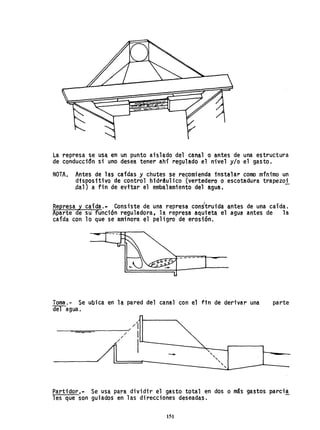 La represa se usa en un punto aislado del canal o antes de una estructura
de conducdón si uno desea tener ahí regulado el nivel y/o el gasto.
NOTA. Antes de las cafdas y chutes se recomienda instalar como ·mi'nimo un
dispositivo de control hidr4ulico (vertedero o escotadura trapezoi
~al) a fin de evttar el embalamientodel agua.
Represa y caída... Consi·ste de una represa con¿truida antes de una caída.
Aparte ere su función reguladora, la represa aquieta el agua antes de la
caída con 10 que se aminora el peligro de erosión.
Toma.- Se ubica en la pared del canal con e1 fin de deri'var una
del agua.
/1--~==~~------/-/~/ I
/ I
parte
1-~---~~,--1----'
" .-.....--- ,,,,
Partidor,.. Se usa para dividir el gasto total en dos o mas gastos parcia
les que son guiados en las direcciones deseadas.
151
 