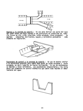 -
Represa a la entrada de tubería.~ Se usa para derivar una parte del agua
del canal antes que ~sta ingrese a una estructura de conducción de tube-
ría (cruce de vía, sifdn inverttdo, ca1da entubada, chute entubado}. Se
emplean compuertas deslizantes, agujas y vertederos graduables como
el~ento de regulación.
Escotadura de control a la entrada de tubería.- Se usa de manera similar
a la estructura anterfor pero sobre todo antes de cafda entubada y chute
entubado, es decir tuberías de fuerte tnclfnaci6n. En vez de escotaduras
se emplean a veces vertederos. Las escotaduras trapezoidales ylos verte
deros son elementos de control hfdráulico que sobre todo impiden el emba-=-
lamiento del agua.
152
 