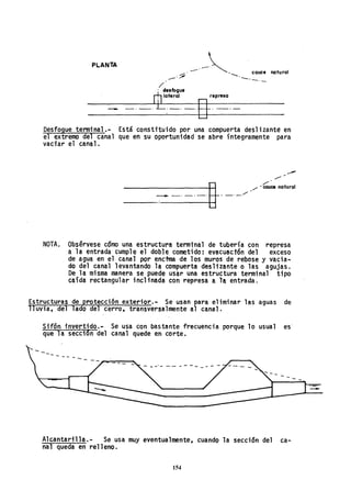 PLANTA
--~.--' '-..-- ",... ----0-
cauce natural
/
. desfogue
~ateral represa
_._0 :-.-El----
Desfogue terminal.- Está consUtuido por una compuerta deslizante en
el extremo del canal que en su oportunidad se abre íntegramente para
vaciar el canal.
--/'"
___._._H _ 0 _ . / , / ,",u::' natural
NOTA. Obsérvese cómo una estructura termtnal de tubería con represa
a la entrada cumple el doble cometido: evacuactón del exceso
de agua en el canal por enctma de los muros de rebose y vacia-
do del canal 1evantando la compuerta des Hzante o las agujas.
De la misma manera se puede usar una estructura terminal tipo
caída rectangular incl inada con represa a la entrada.
Estructuras de protección exterior.- Se usan para eliminar las aguas de
lluvia, del lado del cerro, transversalmente al canal ..
Sifón invertido... Se usa con bastante frecuencia porque lo usual es
que la seccion del can.a1 quede en corte.
_.- - - - - --
Alcantarilla.- Se usa muy eventualmente, cuando la sección del ca-
nal queda en relleno.
154
 