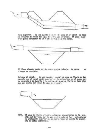 --
Paso superior.- Se usa cuando el nivel del agua en el canal es bajo
en relaci6n al nivel del agua de lluvia por el1~1nar. El paso supe-
rior puede consistir de un flume elevado o de una canoa.
El f1ume elevado puede ser de concreto o de tubería. La canoa es
siempre de concreto.
Entrada al canal.- Se usa cuando el caudal de agua de lluvia es tan
pequeño que el canal puede absorberlo. La estructura en sí puede ser
de concreto o de tubería y la entrega del agua de lluvia se hace siem
pre por encima del nivel de agua en el canal. -
NOTA, El agua de lluvia arrastra sedimentos provenientes de la "ero-
sión del terreno, por 10 que en el diseño de las estructuras
de protección exterior es ·necesario tener en cuenta la presen-
cia de estos sedimentos.
155
 