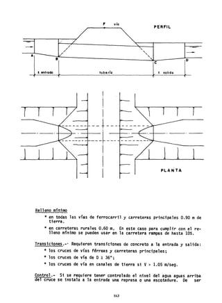 /
/
/
Rell eno mínimo
F vía
tuberfo
PERFIL
salida

PL A N lA
* en todas las vías de fe~rocarr1l y carreteras principales 0.90 mde
tierra.
* en carreteras rurales 0.60 m. En este caso para cumplir con el re-
lleno mínimo se pueden usar en la carretera rampas de hasta 10%.
Transiciones.-· Requieren transiciones de concreto a la entrada y salida:
* los cruces de vías férrea$ y carreteras principales;
* los cruces de vía de O ~ 36";
* los cruces de vía en canales de tierra si V> 1.05 m/seg.
Control.- Si se requiere tener controlado el nivel del agua aguas arriba
del cruce se instala a la entrada una represa o una escotadura. De ser
163
 
