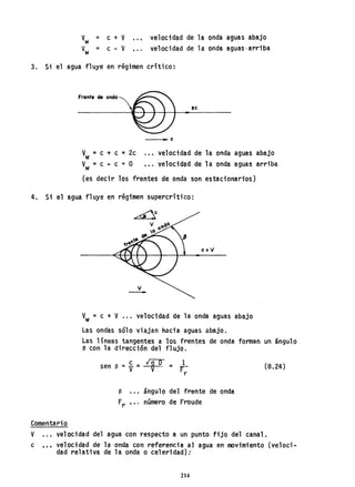 Vw = e + V velocidad de la onda aguas abajo
Vw = e - V O" velocidad de la onda aguas-arriba
3. Si el agua fluye en régimen crítico:
Frente de onda 
V :; C + C =2c
w
V :; C .. C :: O
W
le
.. e
velocidad de la onda aguas abajo
velocidad de la onda aguas arriba
(es decir los frentes de onda son estacionarios)
4. Si el agua fluye en régimen supercrftico:
Comentario
e + V
V
-
Vw :: C + V ... velocidad de la onda aguas abajo
Las ondas sólo viajan hacia aguas abajo.
Las líneas tangentes a los frentes de onda forman un ángulo
a con la dirección del flujo.
sen a = C
v = ;p- = 1
Fy
a ángulo del frente de onda
Fr t·· número de Fraude
(8.24)
V velocidad del agua con respecto a un punto fijo del canal.
e tO' velocidad de la onda con referencia al agua en movimiento (veloci-
dad relativa de la onda o celeridad):
214
 