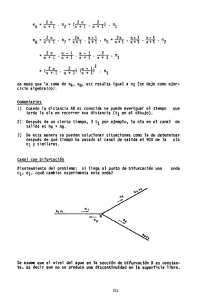 2 a
n4 =a + 1
= ( 2 a
n2 a + 1 2 1)
• a +
2 a 2a a - 1 2a a - l a - l
nS = a + l n7 = a + l • a + l • n5 :: a + l a+T' a + l . n2
2 a a - 1 a - 1 2
. nI=
a + 1
. 1
. l
. a + 1a + a +
2 - 2 2
::
(a +a1 • a + 1)
(a - 1)
• nIa + 1
de modo que la suma de n4' na, etc resulta igual a nI (se deja como ejer-
cicio algebraico).
Comentarios
1) Cuando la distancia AS es conocida se puede averiguar el tiempo que
tarda la ola en r~correr esa distancia (tl en el dibujo).
2} Después de un cierto tiempo, 3 tI por ejemplo, la ola en el canal de
salida es n4 + ns.
3) De esta manera se pueden solucionar situaciones como la de determinar
después de qué tiempo ha pasado al canal de salida el 90% de la ola
nI Y similares.
Canal con bifurcación
Planteamiento del problema: si llega al punto de bifurcación una onda
cI' nI, ¿qué cambios experimenta esta onda?
ni
-
Se asume que el nivel del agua en la sección de bifurcación Bes constan-
te, es decir que no se produce una discontinuidad en h superficie 1ibre.
224
 