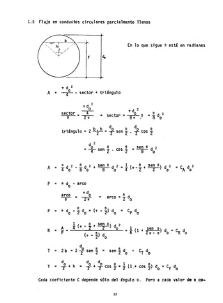 1.5 Flujo en conductos circulares parcialmente llenos
En 10 que sigue a está en radianes
11' d 2
A = '40
- sector + triángulo
'If d 2
o
,sector _ 4
el - 2'1r
b h d ' do a
triángulo = 2 ---r = T sen ~ . "2 cos 2"
d 2
o a e sen 6 d 2
= 4 sen '2 . cos"2::; 8 o
A = ,'If d 2 _! d 2 + sen e d 2 - 1 ( e + sena) d 2 =e d 2
4 o 8· o 8 o - 4" 11'-2 2 o A o
P = l1' d - arco·o
'lrd aarco o
-e =
~
-+ arco = '2 do
1 ( e + sen e)' d 2
R
A lf 1T,- '2" 20 . 1 sen
:) do =eR do= p= = 4" (1 + 21T-
(n - ~) do
d
T = 2b = 2 ....Q. sen Jt = sen t do = eT do2 2
d do do e 1 ey = o + h == "2 + "2 cos "2 = "2" (1.+ cos '2) do =Cy do2"
Cada coeficiente C depende sólo del ángulo a. Pero a cada valor deseo....
15
 