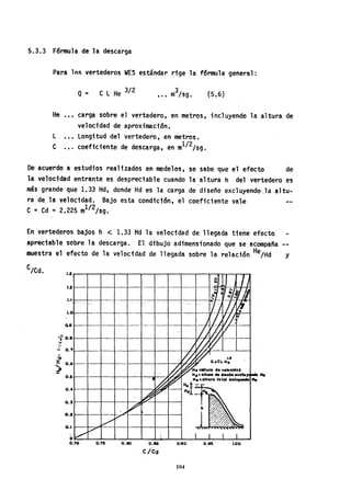 5.3.3 Fórmula de la descarga
Para los vertederos WES estándar rige la fórmula general:
Q= C L He 3/2
•••
He ••• carga sobre el vertedero, en metros, incluyendo la altura de
velocidad de aproximación.
l
C ...
longitud del vertedero, en metros.
coeficiente de descarga, en m
1/ 2/sg.
De acuerdo a estudios realizados en modelos, se sabe ~ue el efecto de
la ve10cfdad entrante es despreciable cuando la altura h del vertedero es
más grande que 1.33 Hd,donde Hd es la carga de diseño excluyendo ,la altu-
ra de la velocidad. Bajo esta condición, el coeficiente val~
e = Cd = 2.225 m
1/ 2/sg.
En vertederos bajos h < 1.33 Hd la velocidad de llegada tiene efecto
apreciable sobre la descarga. El dibujo adimensionado que se acompaña
muestra el efecto de la velocidad de llegada sobre la relación He/Hd y
1.2
l.'
1.0
0.8
,~ O.,
'"
..,
Q 0.7
h
"O
%:
") 0.6
0.6
0.4
O.J
o.I
.
¡.- --
f-.
V
O
0.70
---
-
V
V
V
V
0.75 0.80
-- -- 1 -
----Jll'- ~
.~ ~ ~
. ~_.:~
~~r
--r--
i~~r--
j~
~~ 1.1-
GIl! Q.CL H.
~
~. :altVnI de veloCidCJ!S
-:
Hct=CJltllnl .1f.e60eÍlé'lu~
t
~
He:CJltvr. totCJi Inc~
~i=-~
~
fi:7
' 1 -
.~
r-%'/~;
~0'~
.~~:/;,t:_.
." //,"/".
.,.
~
1 j I I
0.86 0.90 0.$5 1.00
C/ect
104
 