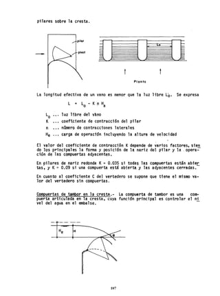 pilares sobre la cresta.
- o
o
Lo
t
PI anta
La longitud efectiva de un vano es menor que la luz libre L~. Se expresa
L = Lo - Kn Ha
l.o ·.. 1uz libre del vhno
K coefi.ciente de contracción del pilar
n ·.. número de contracciones laterales
He ·.. carga de operación inc1 uyendo la al tura de velocidad
El valor del coeficiente de contracción Kdepende de varios factores, sien
do los principales la forma y posición de l~ nariz del pilar y la ,opera':-
ción de las compuertas adyacentes.
En pilares de nariz redonda K~ 0'.035 si todas las compuertas están abier
tas, y K~ 0.09 si una compuerta está abierta y las adyacentes cerradas.
En cuanto al coeficiente C del vertedero se supone que ttene el mismo va-
lor del vertedero sin compuertas.
Compuertas de tambor en la cresta.- La compuerta de tambor es una com-
puerta articulada en la cresta, cuya función pri'ncipal es controlar el ni
vel del agua en el embalse.
107
 
