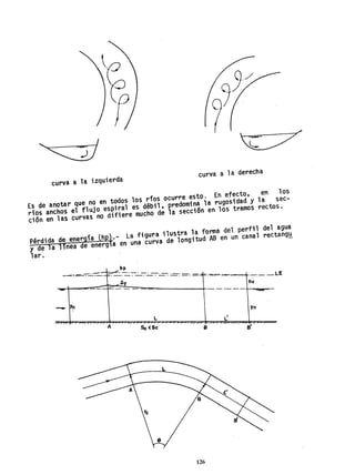 curva a la izquierda
curva a la derecha
Es de anotar que no en todos los ríos ocurre esto- En efecto. en los
rloS anchoS el flujo espiral es débil. predomina la rugosidad Y la sec-
ci6n en 1as curvas no di fi ere lI1.ucho de 1a secci6n en los tramos rOCtos -
_ Yn
I
L
.- A So (Se
~
s
126
Yn
s'
del agua
rectan9'!!
 