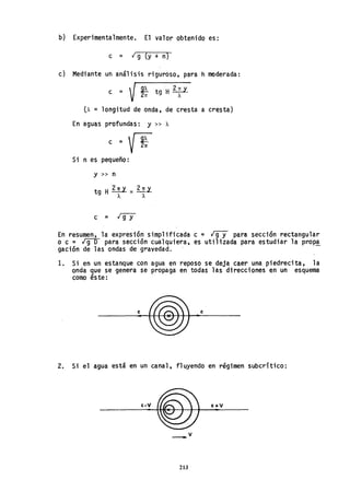 b) Experimentalmente. El valor obtenido es:
c = ¡ 9 (y + n)
c) Mediante un análisis riguroso, para h moderada:
c = V~ t9H~
21T A
lA = longitud de onda, de cresta a cresta)
En aguas profundas: y » A
C = (if
Si n es pequeño:
y » n
En resumen, la expresión simplificada c = ¡gy para sección rectangular
o c = 19I1) para sección cualquiera, es utilizada para estudiar la propa
gación de las ondas de gravedad.
1. Si en un estanque con agua en reposo se deja caer una piedrecita, la
onda que se genera se propaga en todas las direcciones en un esquema
como este:
e e
2. Si el agua está en un canal, fluyendo en régimen subcrítico:
e-V c+V
_V
213
 