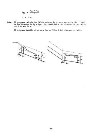 Sfm =
L = r t.L
Nota: El programa calcula los (NP-I) valores de t.L para una variación lineal
de los tirantes de dI a dNP. Por comodidad a los tirantes se les indica
con d en vez de y.
El programa también sirve para los perfiles S del tipo'que se indica:
--- ---
dn
228
 