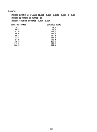 Ejemplo:
INGRESE DATOS(Q en m3/seg} 11.335 6.098 0.0016 0.025 2 1.10
INGRESE EL NUMERO DE PUNTOS 11
INGRESE TIRANTES EXTREMOS 1.524 1.024
LONGITUD TRAMOS
38.7
40.2
42.0
44.6
48.1
53.2
61.6
76.9
113.7
202.9
LONGITUD TOTAL
38.7
78.9'
121.0
165.5
213.6
266.8
328.4
405.3
519.0
721.9
230
 