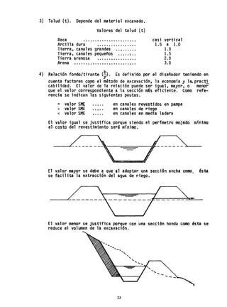 3) Talud (t). Depende del material excavado.
Valores del talud (t)
Roca 11 • • • • • • • • • • • • • • • • • • • • • •
Arcilla dura •........•.....•.
Ti erra, canales grandes ..•.....•
Tierra, canales pequeños .....•..
Tjerra arenosa .. , ...••.........
Arena ...............•.. ~ .....•..
casi vertical
1.5 a 1.0
1.0
1.5
2.0
3.0
4) Relación fondo/tirante (~). Es definido por el diseñador teniendo en
cuenta factores como el 'método de excavación, la economía y la.practi
cabi11dad. El valor de la relación puede ser igua1, mayor, o menor'
que el valor correspondiente a la sección más eficiente. Como refe-
rencia se indican las siguientes pautas.
= valor SME
> valor SME
< valor SME
.....
en canales revestidos en pampa
en canales de 'riego
en canales en media ladera
El valor igual se justifica porque siendo el perímetro mojado mínimo
el costo del revestimiento será mínimo.
El valor mayor se debe a que 01 adoptar una secci6n ancha como, ésta
se facilita la extracción.del agua de riego.
El valor menor se justifica porque con 'una sección honda como ésta se
reduce el volumen de la excavaci6n.
""'"
'-..
23
....
" ,,,
.............
 