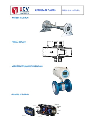 MECANICA DE FLUIDOS PEDRO B. DE LA CRUZ C.
- MEDIDOR DE VENTURI
-TOBERAS DE FLUJO
-MEDIDOR ELECTROMAGNETICO DEL FLUJO
- MEDIDOR DE TURBINA
 