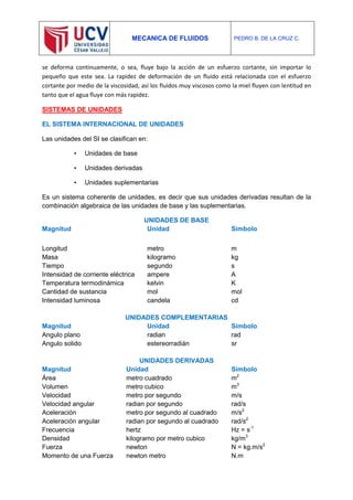 MECANICA DE FLUIDOS PEDRO B. DE LA CRUZ C.
se deforma continuamente, o sea, fluye bajo la acción de un esfuerzo cortante, sin importar lo
pequeño que este sea. La rapidez de deformación de un fluido está relacionada con el esfuerzo
cortante por medio de la viscosidad, así los fluidos muy viscosos como la miel fluyen con lentitud en
tanto que el agua fluye con más rapidez.
SISTEMAS DE UNIDADES
EL SISTEMA INTERNACIONAL DE UNIDADES
Las unidades del SI se clasifican en:
• Unidades de base
• Unidades derivadas
• Unidades suplementarias
Es un sistema coherente de unidades, es decir que sus unidades derivadas resultan de la
combinación algebraica de las unidades de base y las suplementarias.
UNIDADES DE BASE
Magnitud Unidad Símbolo
Longitud metro m
Masa kilogramo kg
Tiempo segundo s
Intensidad de corriente eléctrica ampere A
Temperatura termodinámica kelvin K
Cantidad de sustancia mol mol
Intensidad luminosa candela cd
UNIDADES COMPLEMENTARIAS
Magnitud Unidad Símbolo
Angulo plano radian rad
Angulo solido estereorradián sr
UNIDADES DERIVADAS
Magnitud Unidad Símbolo
Área metro cuadrado m2
Volumen metro cubico m3
Velocidad metro por segundo m/s
Velocidad angular radian por segundo rad/s
Aceleración metro por segundo al cuadrado m/s2
Aceleración angular radian por segundo al cuadrado rad/s2
Frecuencia hertz Hz = s-1
Densidad kilogramo por metro cubico kg/m3
Fuerza newton N = kg.m/s2
Momento de una Fuerza newton metro N.m
 